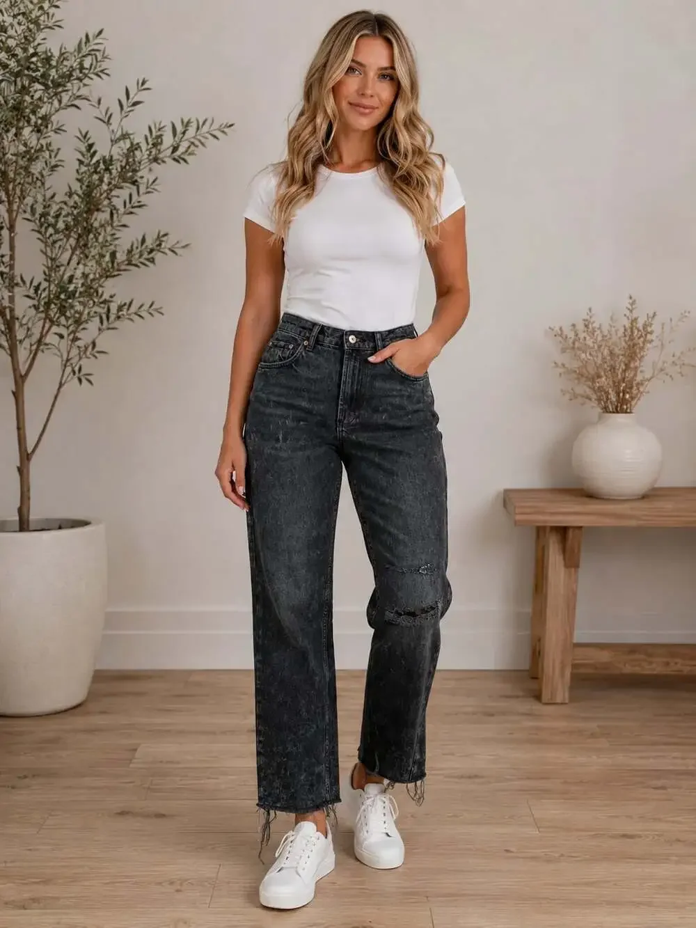 We The Free Jeans Womens 27 Black Distressed Straight Leg Raw Hem Free People